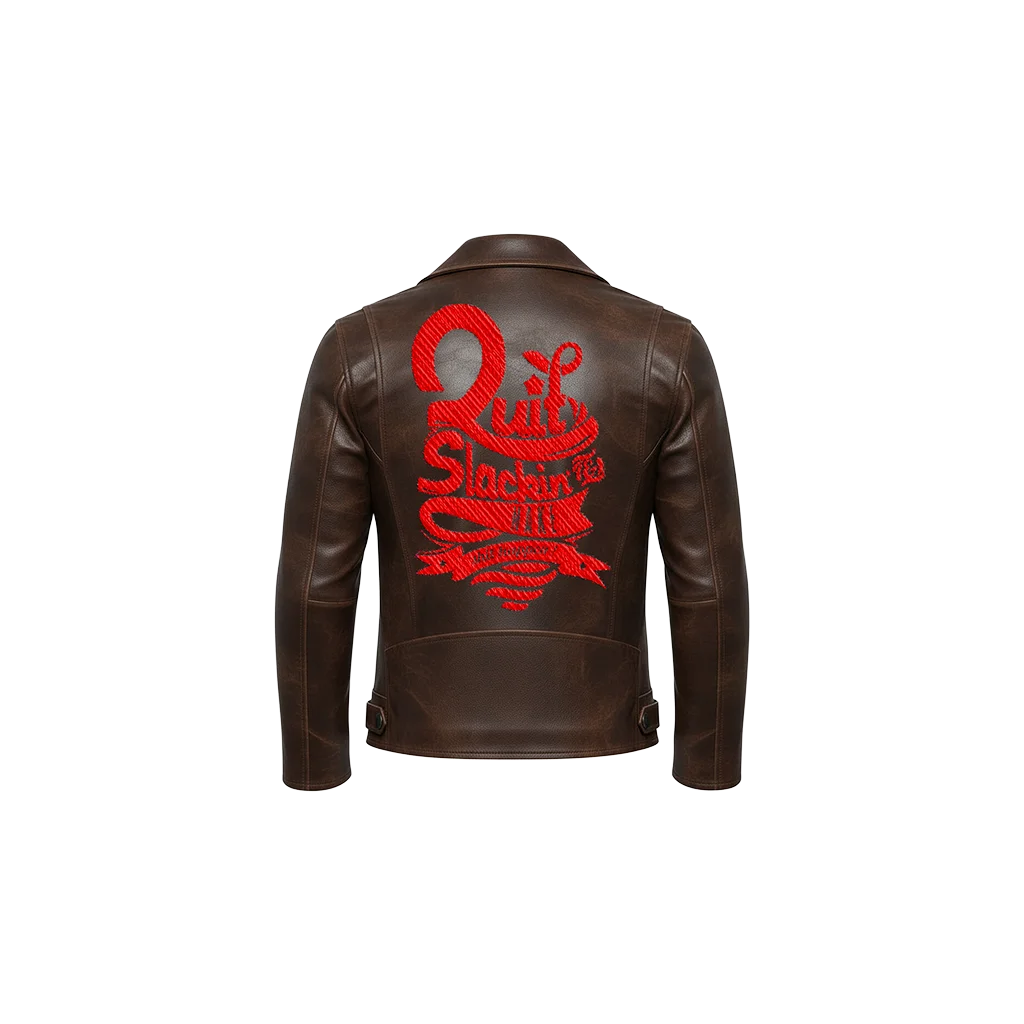 Quit Slackin’ Red Typography Embroidered Leather Jacket
