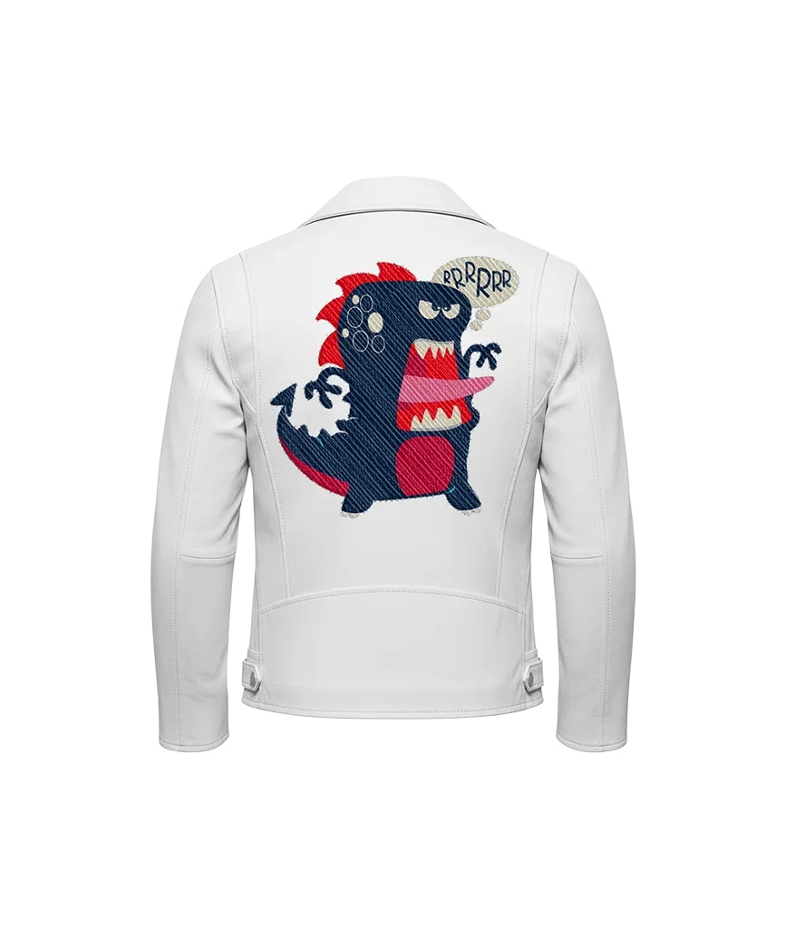 RRRRRR Dinosaur Cartoon Mascot Embroidered Leather Moto Jacket