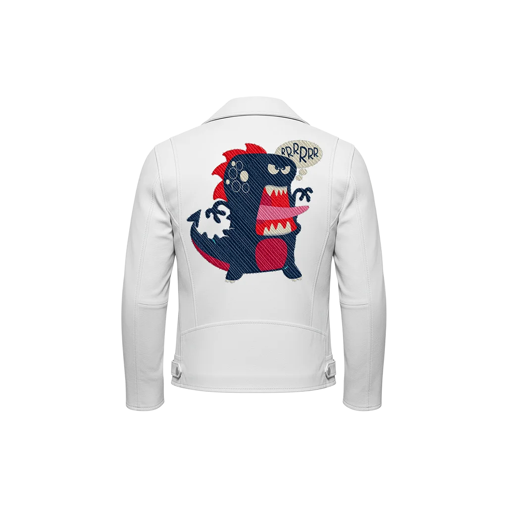 RRRRRR Dinosaur Cartoon Mascot Embroidered Leather Moto Jacket