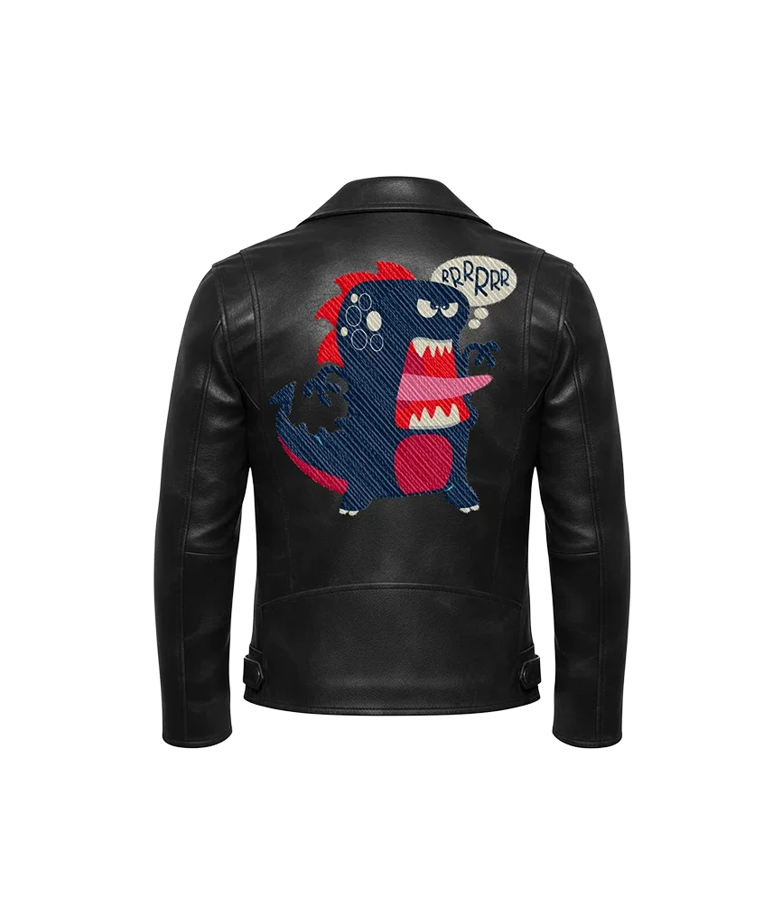 RRRRRR Dinosaur Cartoon Mascot Embroidered Leather Moto Jacket
