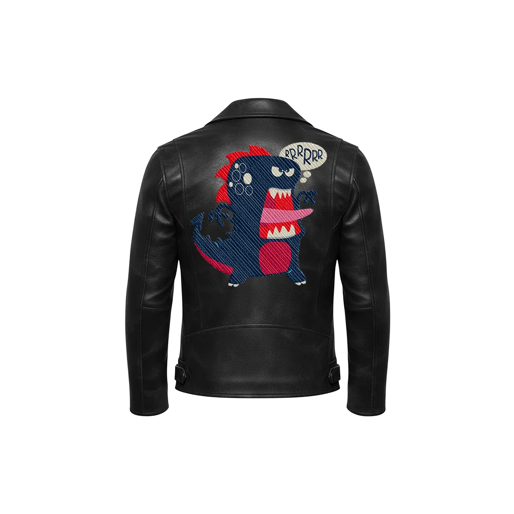 RRRRRR Dinosaur Cartoon Mascot Embroidered Leather Moto Jacket