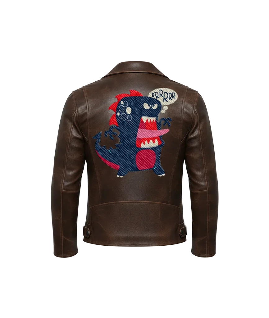 RRRRRR Dinosaur Cartoon Mascot Embroidered Leather Moto Jacket