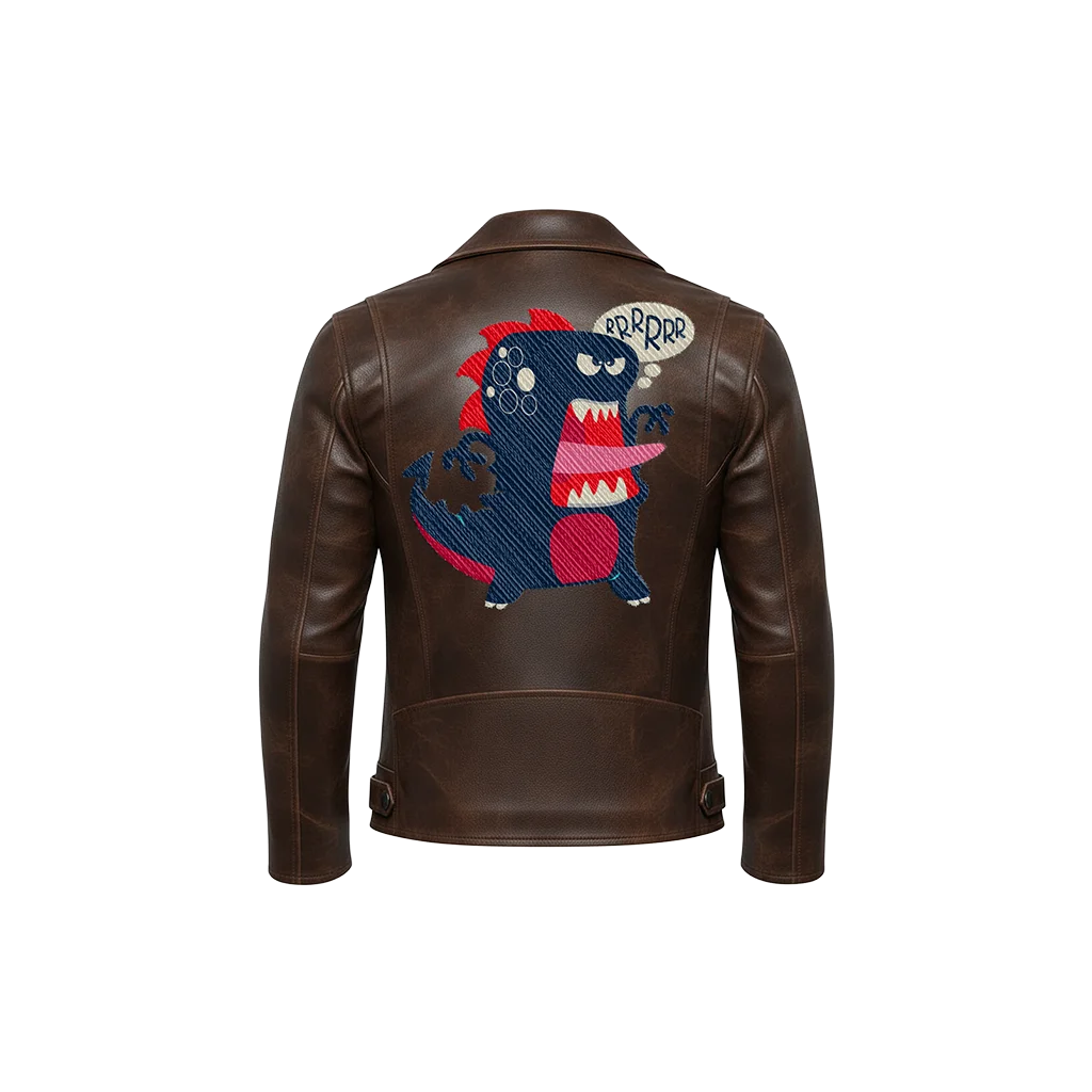 RRRRRR Dinosaur Cartoon Mascot Embroidered Leather Moto Jacket