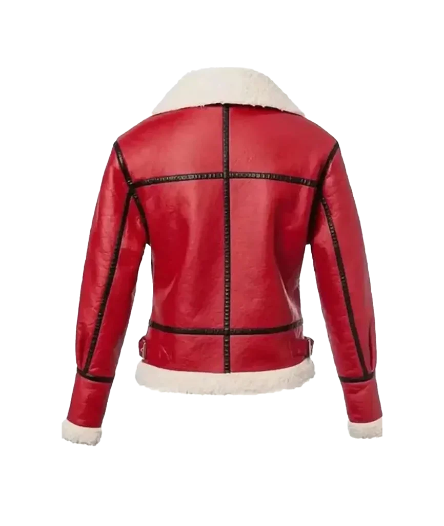 Women’s Red Faux Shearling Aviator Moto Jacket