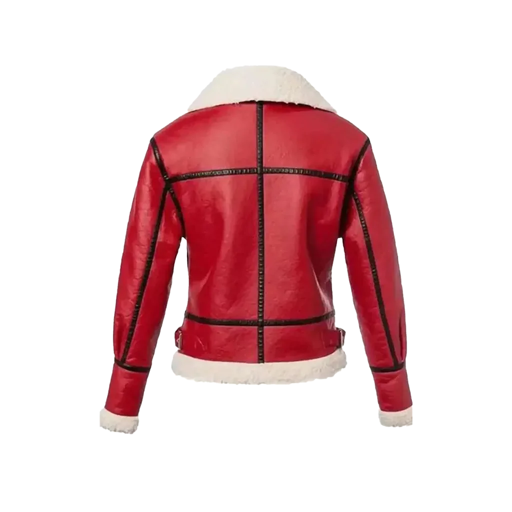 Women’s Red Faux Shearling Aviator Moto Jacket