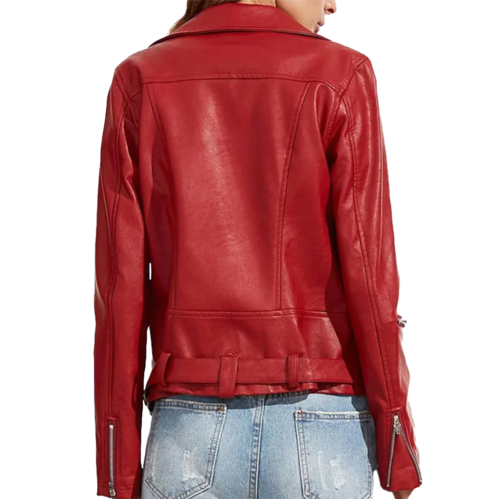 Women’s Classic Red Leather Asymmetrical Moto Jacket