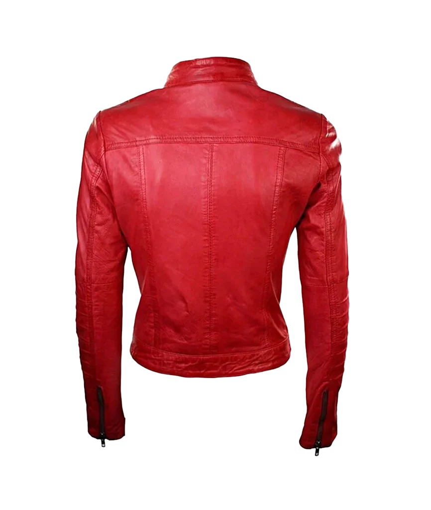 Women’s Red Leather Cafe Racer Moto Jacket