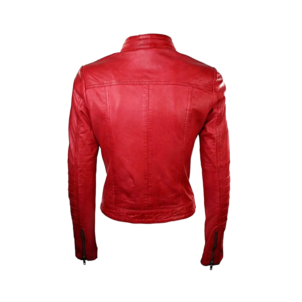 Women’s Red Leather Cafe Racer Moto Jacket