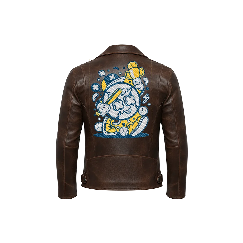 Retro Baseball Mascot Champion Embroidered Leather Jacket