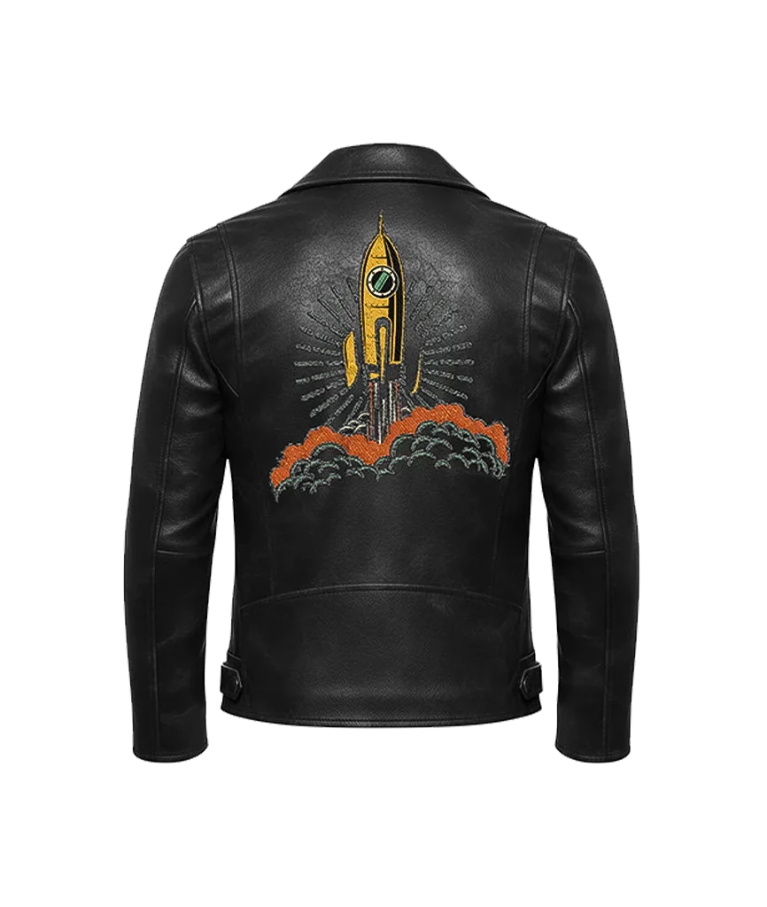 Unisex Retro Rocket Ship Leather Moto Jacket
