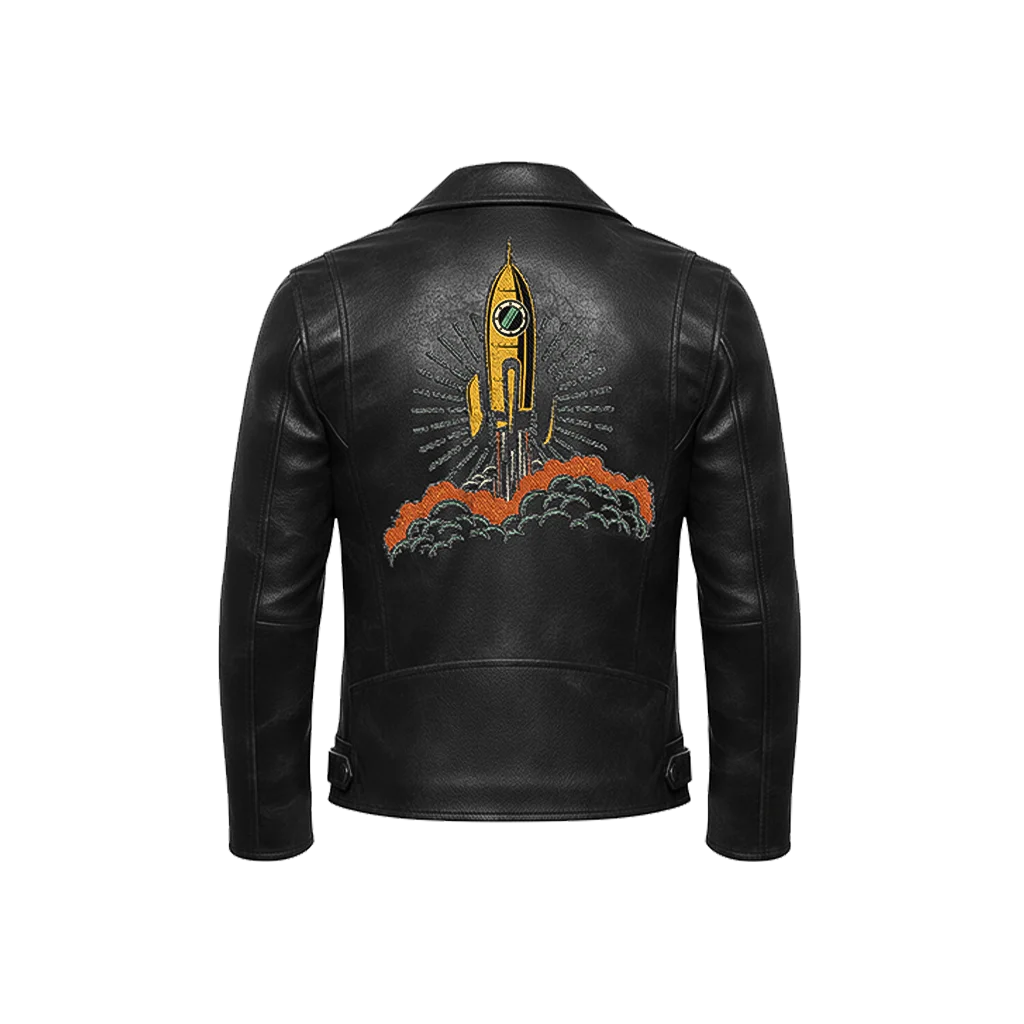 Unisex Retro Rocket Ship Leather Moto Jacket