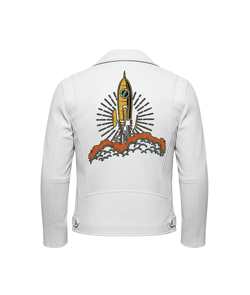 Unisex Retro Rocket Ship Leather Moto Jacket