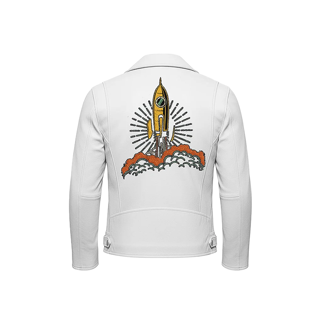 Unisex Retro Rocket Ship Leather Moto Jacket