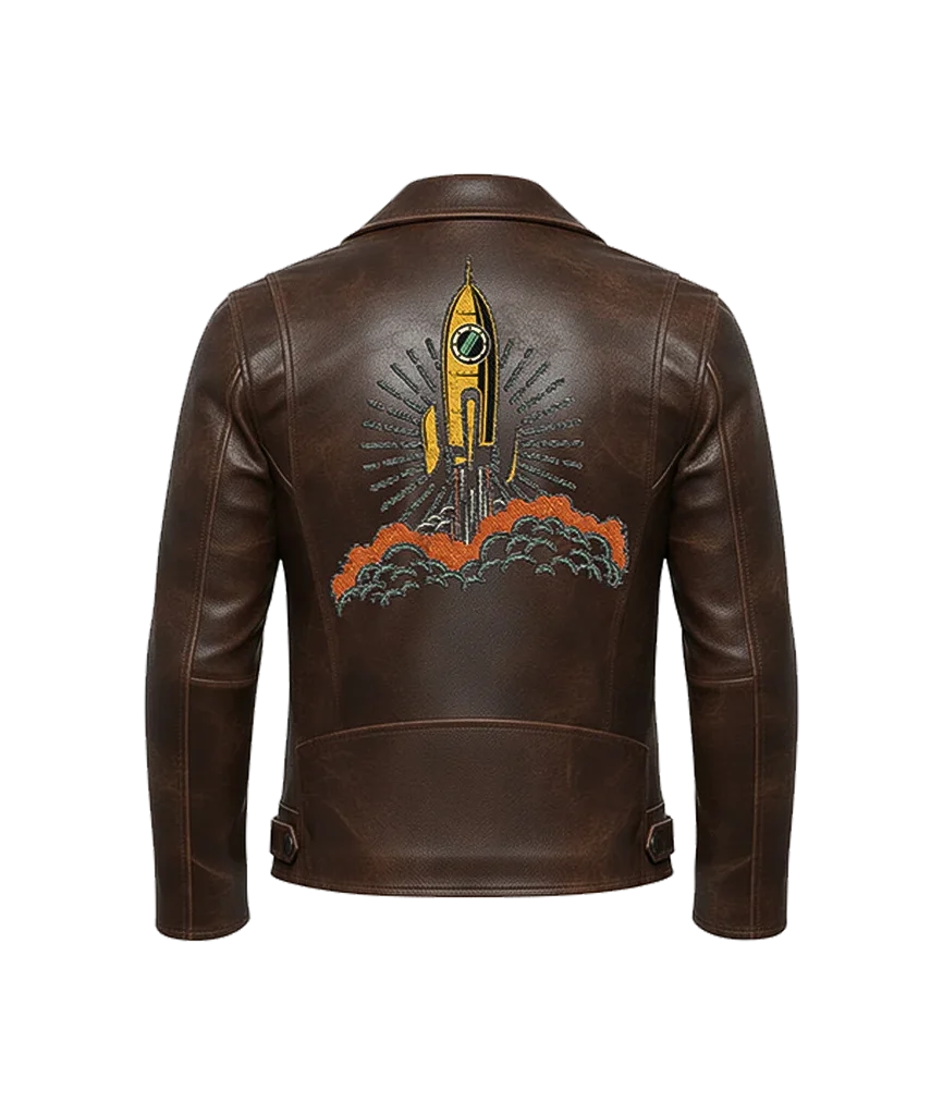 Unisex Retro Rocket Ship Leather Moto Jacket