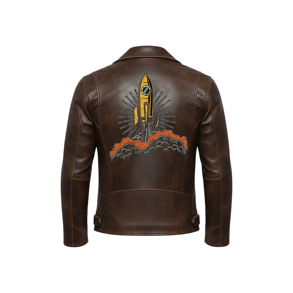 Unisex Retro Rocket Ship Leather Moto Jacket