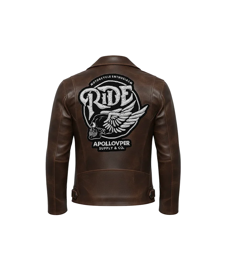 Ride Winged Skull Embroidered Leather Moto Jacket