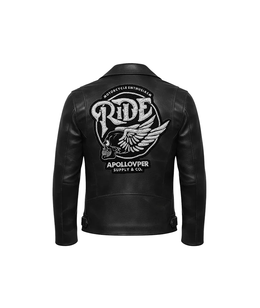 Ride Winged Skull Embroidered Leather Moto Jacket