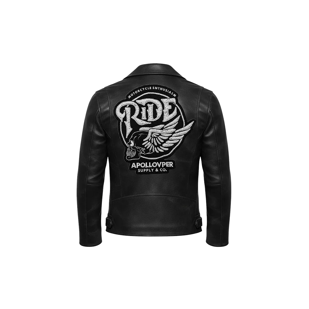 Ride Winged Skull Embroidered Leather Moto Jacket