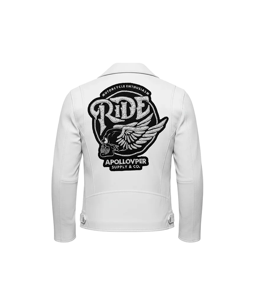 Ride Winged Skull Embroidered Leather Moto Jacket
