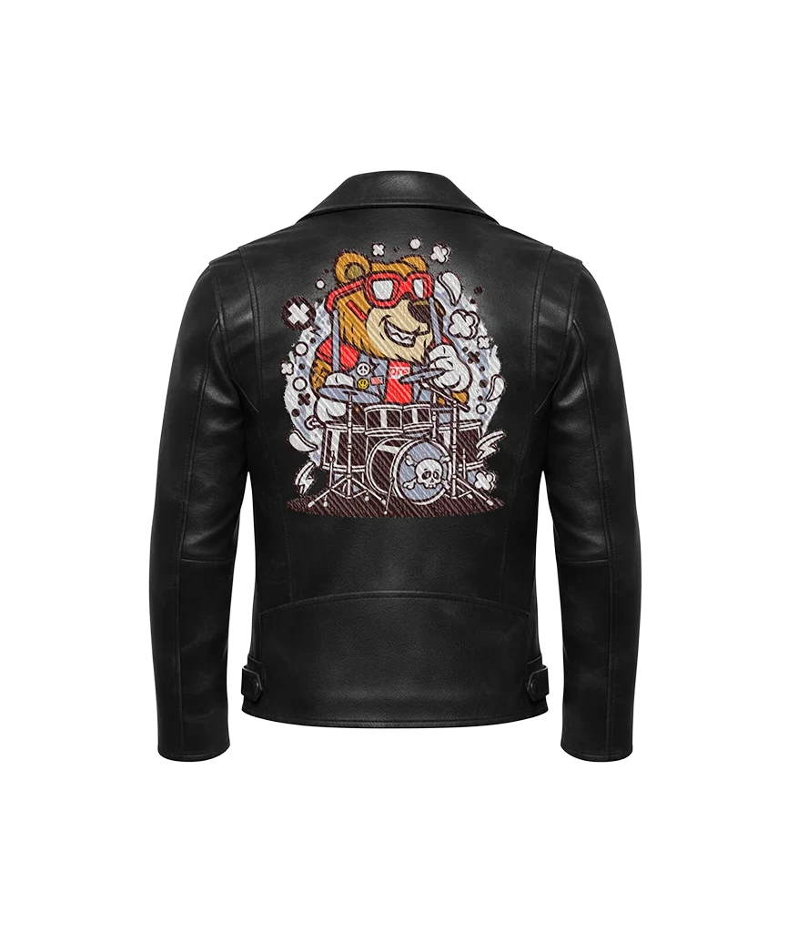 Rock Bear Drummer Cartoon Leather Jacket