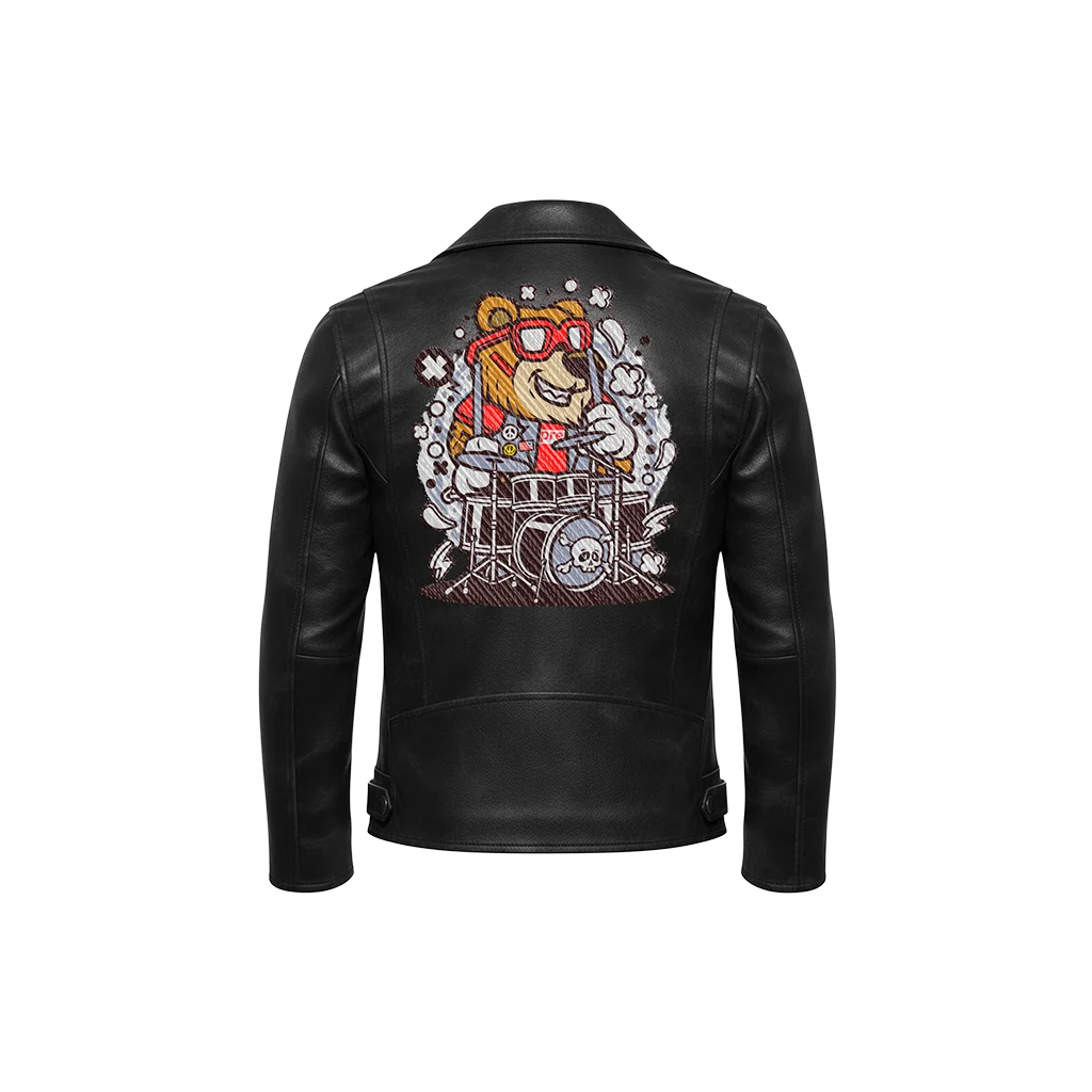 Rock Bear Drummer Cartoon Leather Jacket