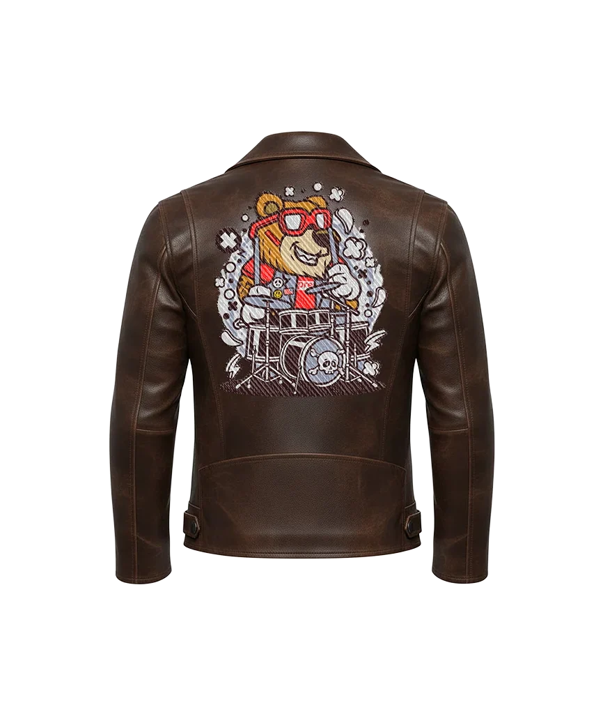 Rock Bear Drummer Cartoon Leather Jacket