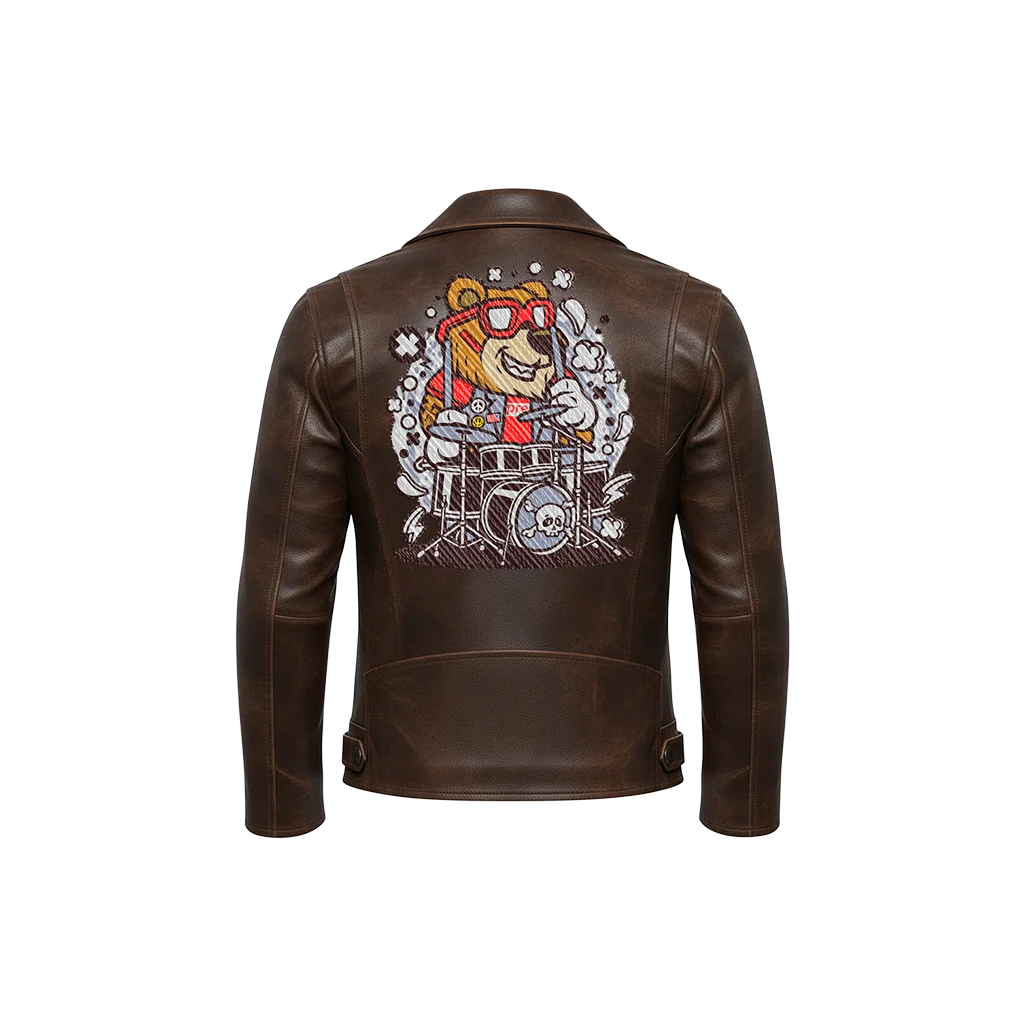 Rock Bear Drummer Cartoon Leather Jacket