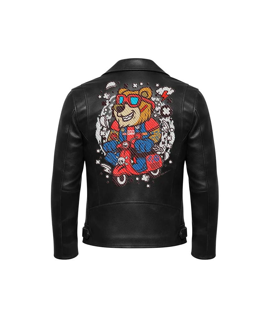 Scooter Bear Cartoon Mascot Leather Jacket