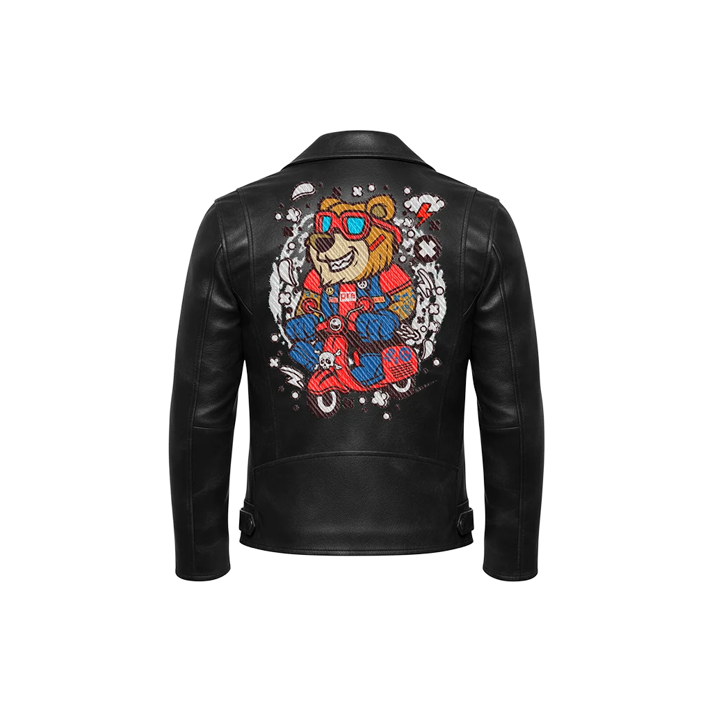 Scooter Bear Cartoon Mascot Leather Jacket