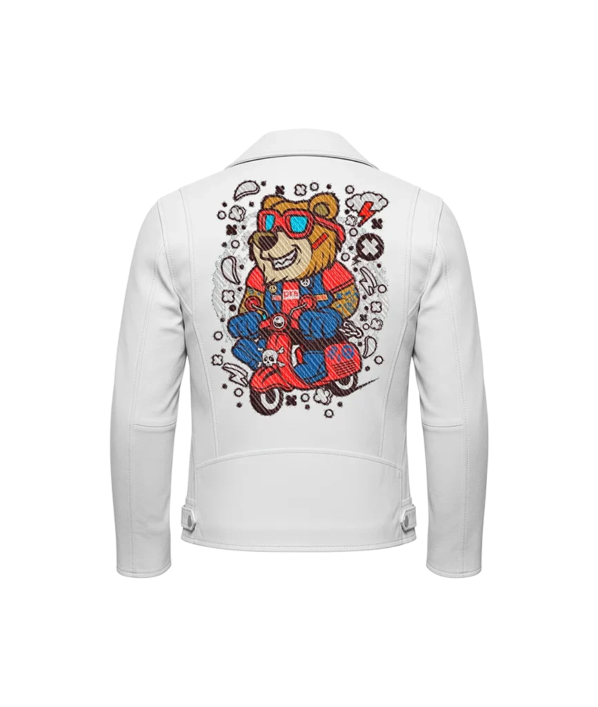 Scooter Bear Cartoon Mascot Leather Jacket