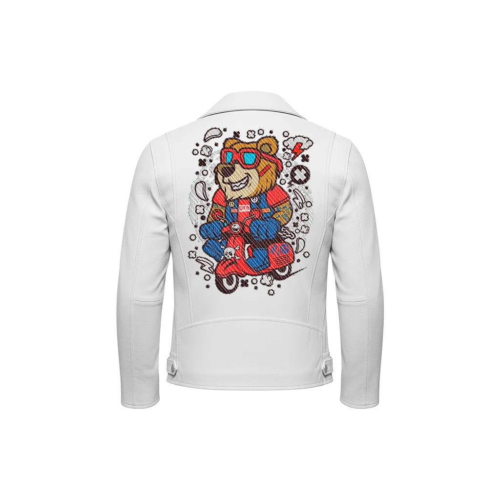 Scooter Bear Cartoon Mascot Leather Jacket