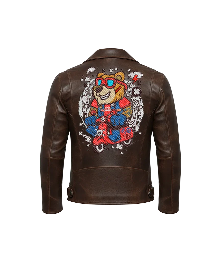 Scooter Bear Cartoon Mascot Leather Jacket