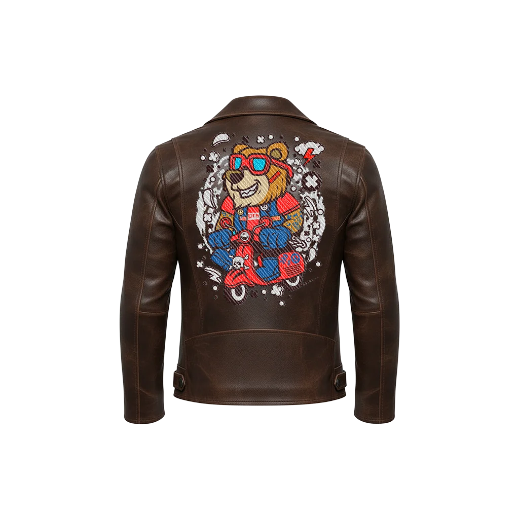 Scooter Bear Cartoon Mascot Leather Jacket