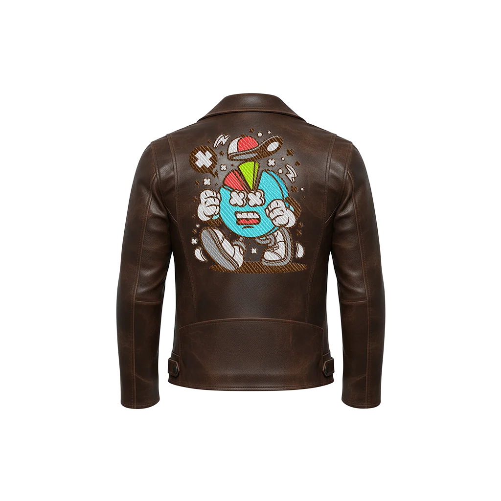 Stressed Pie Chart Mascot Leather Moto Jacket