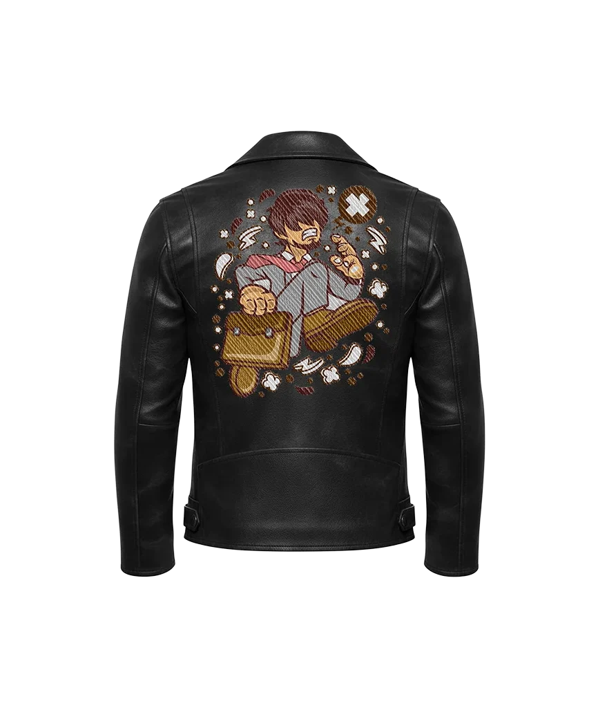 Stressed Salaryman Anime Character Embroidered Leather Jacket