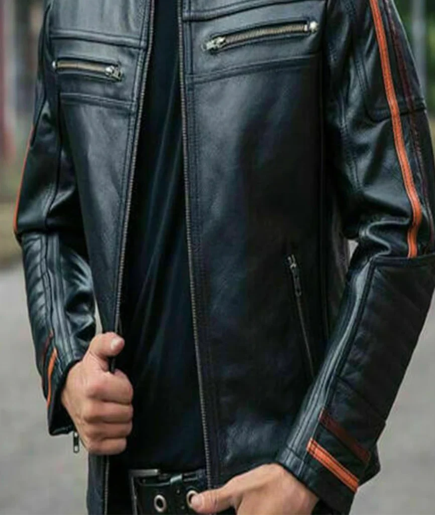 Men’s Black Striped Leather Cafe Racer Biker Jacket
