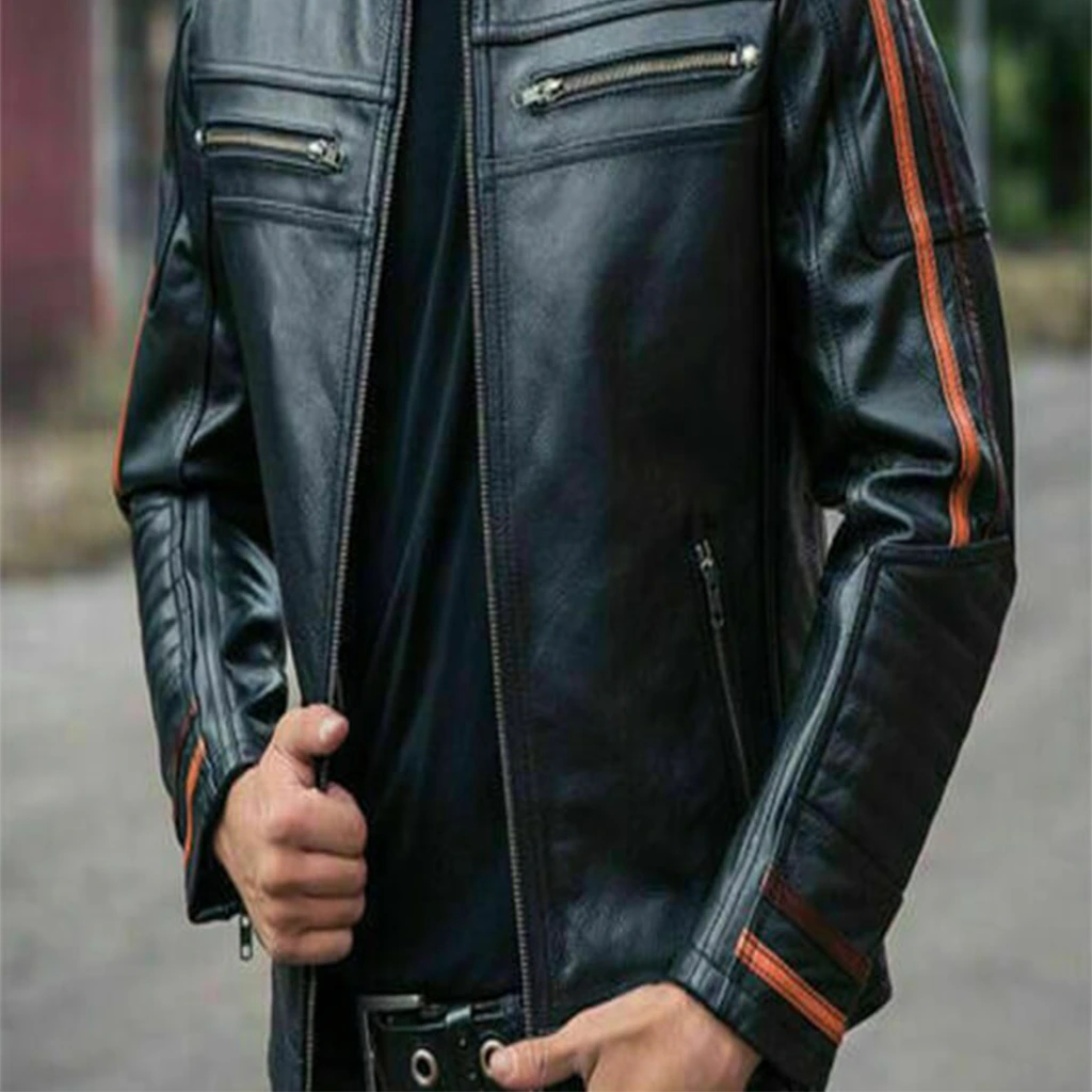 Men’s Black Striped Leather Cafe Racer Biker Jacket