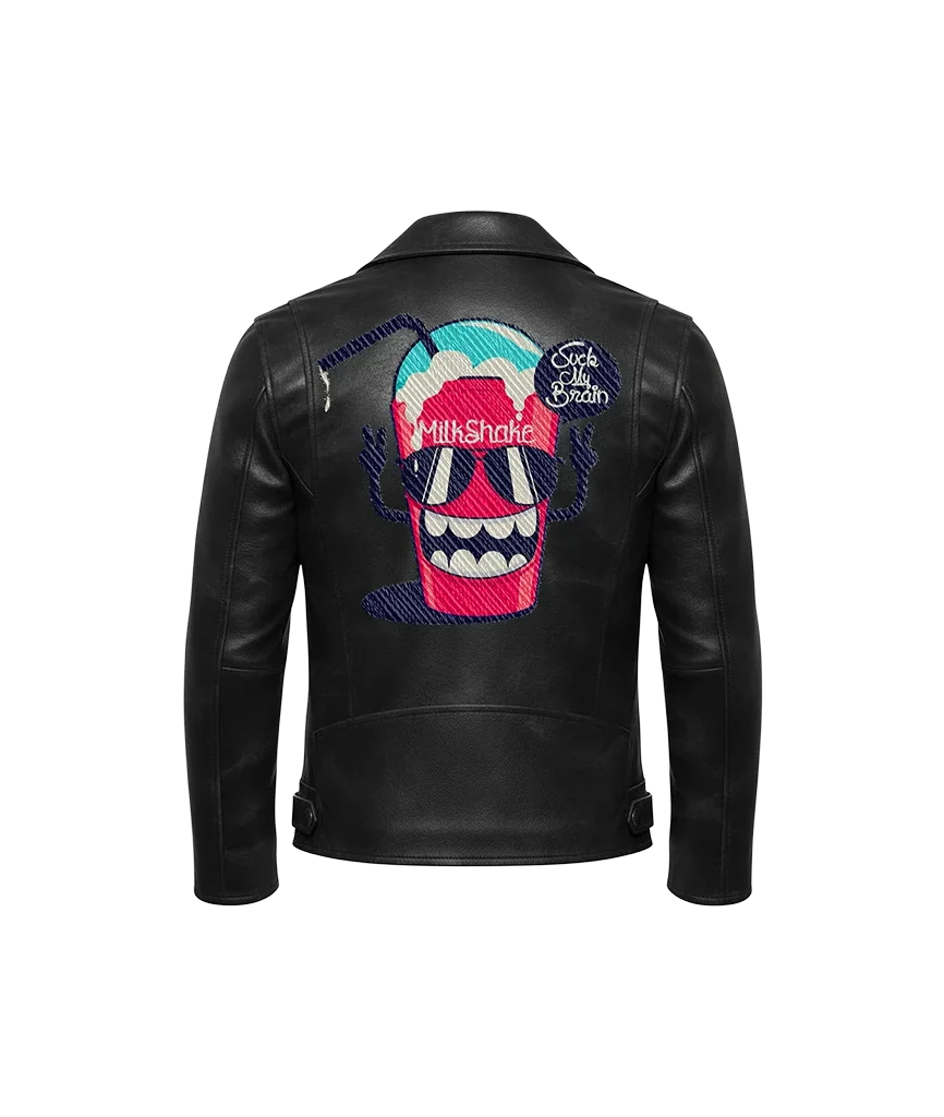 Suck My Brain Cartoon Milkshake Embroidered Leather Jacket