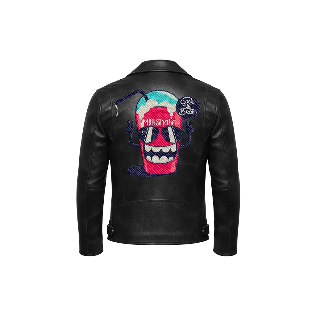 Suck My Brain Cartoon Milkshake Embroidered Leather Jacket