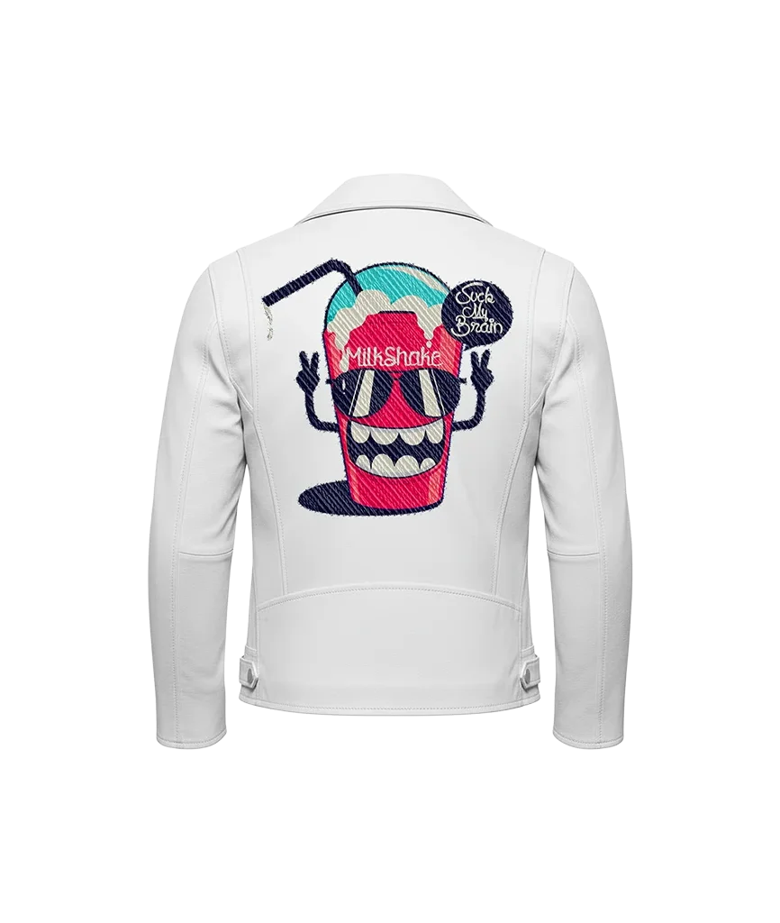 Suck My Brain Cartoon Milkshake Embroidered Leather Jacket
