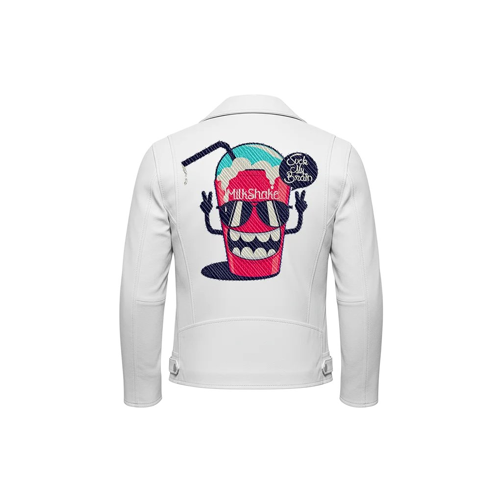 Suck My Brain Cartoon Milkshake Embroidered Leather Jacket