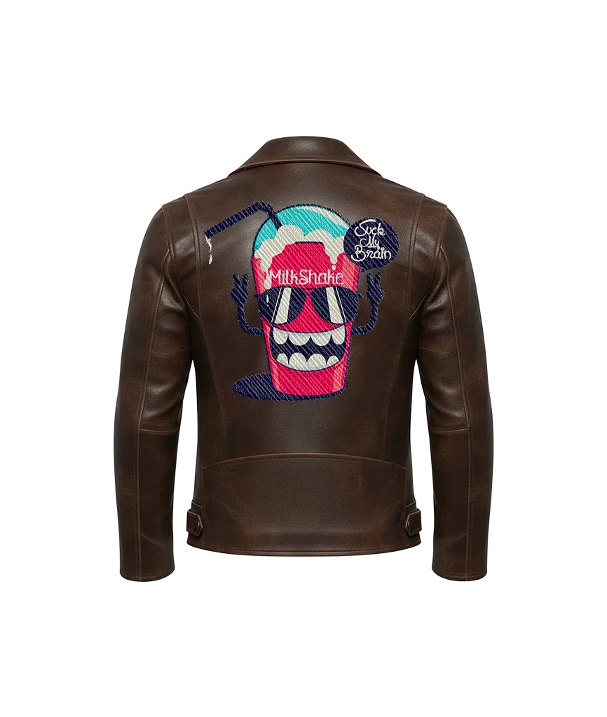 Suck My Brain Cartoon Milkshake Embroidered Leather Jacket