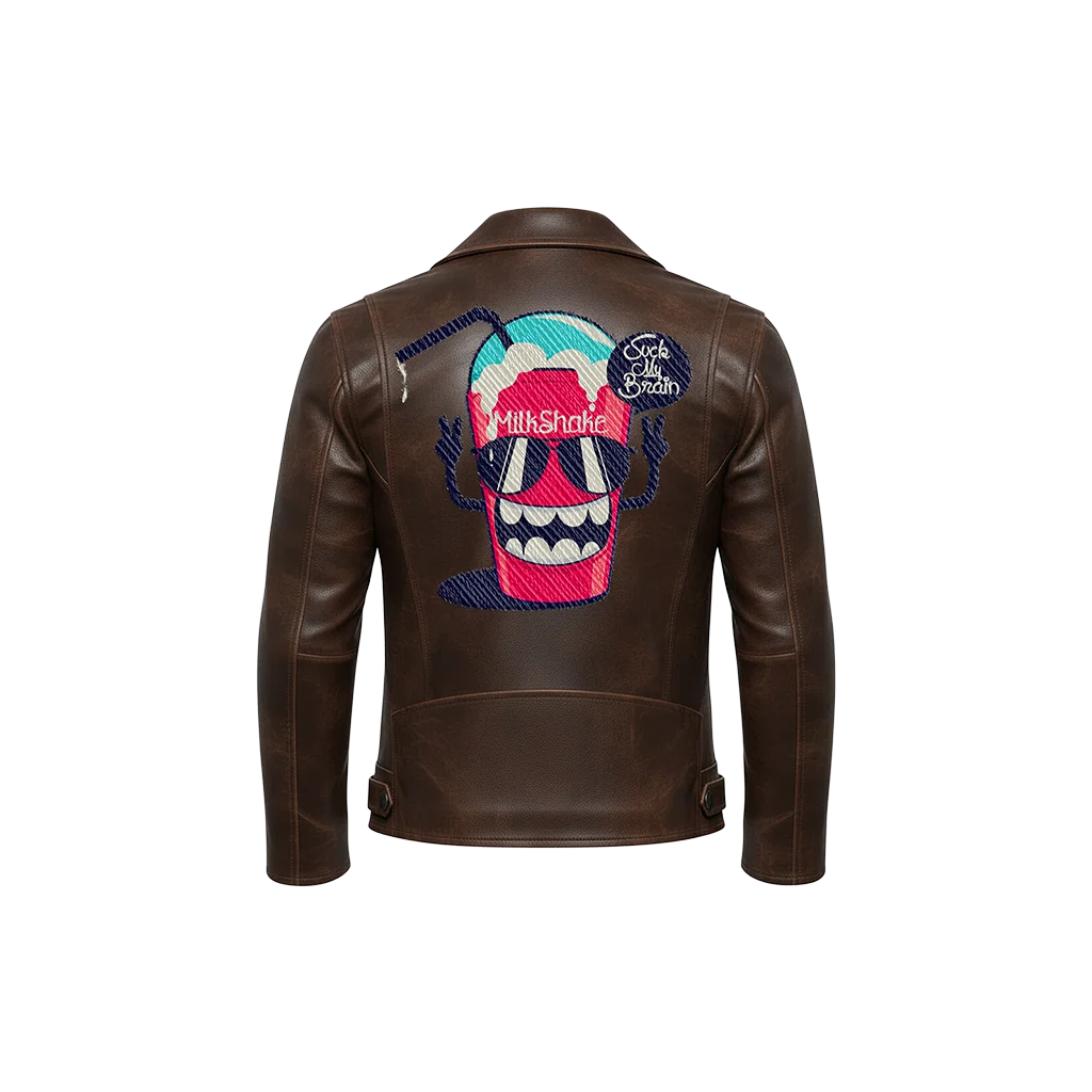 Suck My Brain Cartoon Milkshake Embroidered Leather Jacket