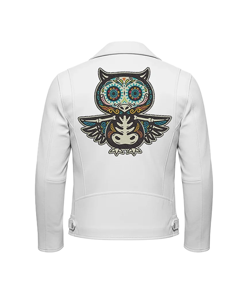 Sugar Skull Owl Embroidered Patch Leather Moto Jacket