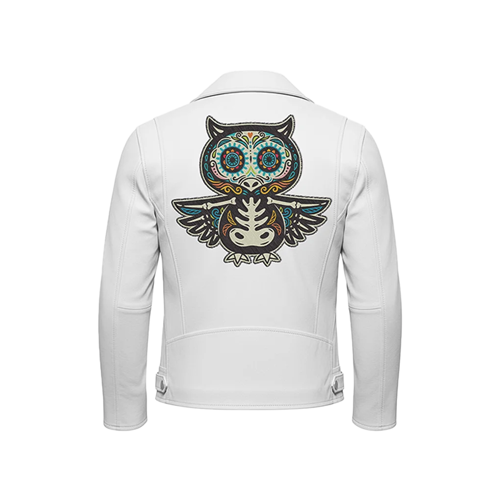 Sugar Skull Owl Embroidered Patch Leather Moto Jacket