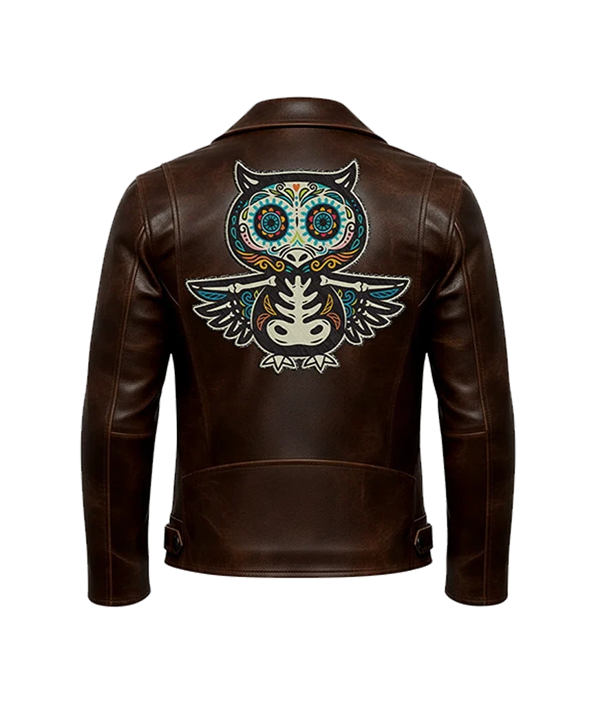 Sugar Skull Owl Embroidered Patch Leather Moto Jacket