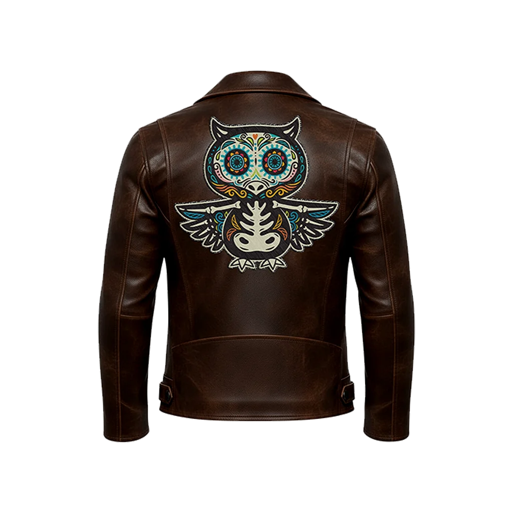 Sugar Skull Owl Embroidered Patch Leather Moto Jacket