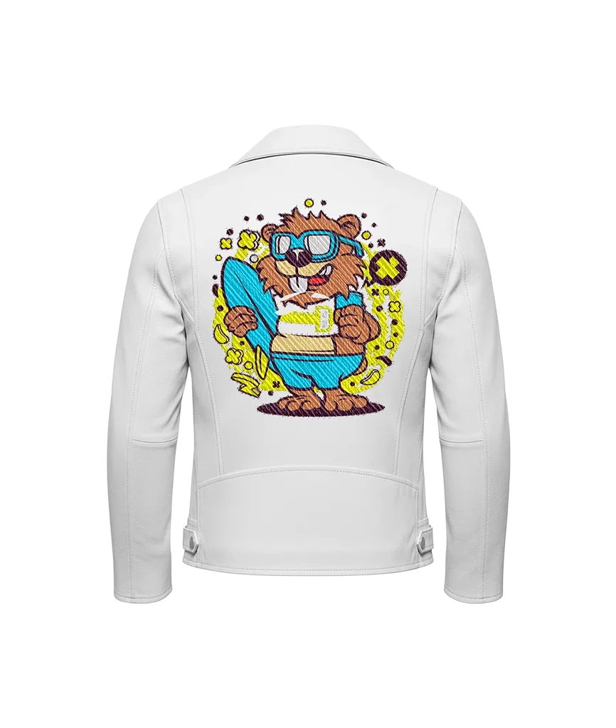 Surfer Beaver Cartoon Mascot Embroidered Leather Jacket