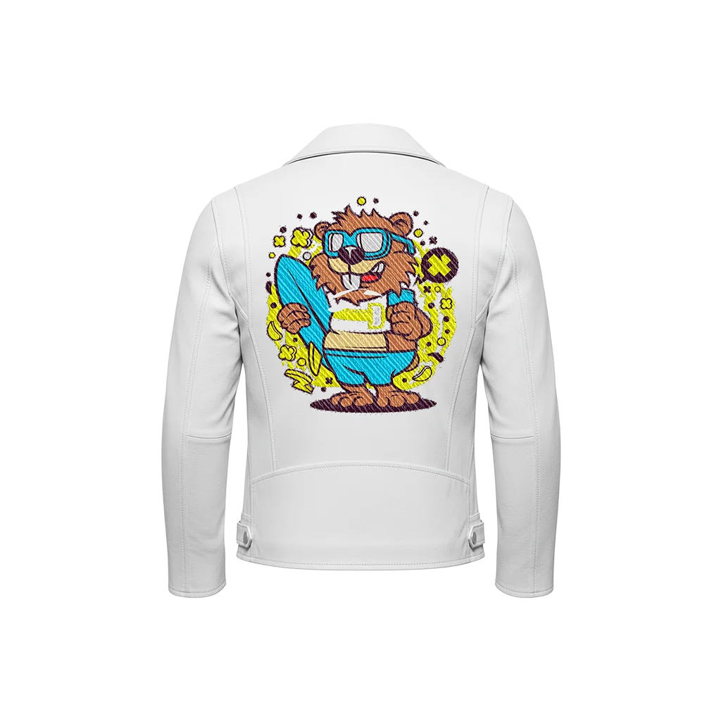 Surfer Beaver Cartoon Mascot Embroidered Leather Jacket