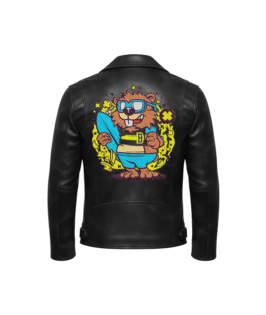 Surfer Beaver Cartoon Mascot Embroidered Leather Jacket